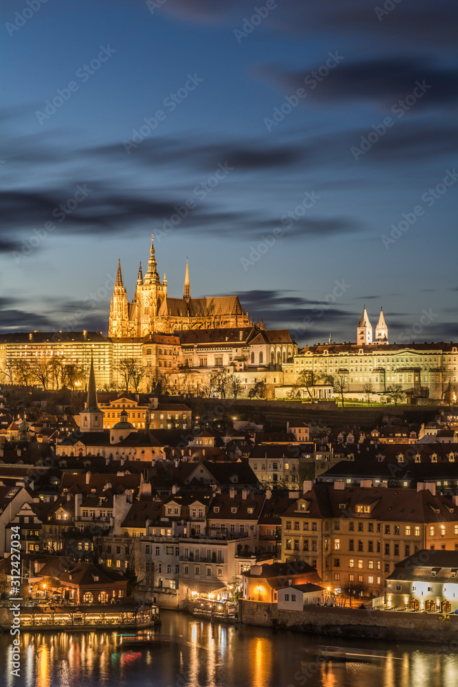 The  Lesser Town of Prague beneath the Prague Castle at dusk. Czech Republic
