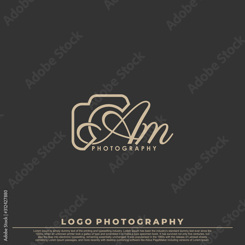 Initial Letter AM with camera. Logo photography simple luxury vector.