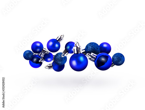 Blue Christmas toys fly on a white background