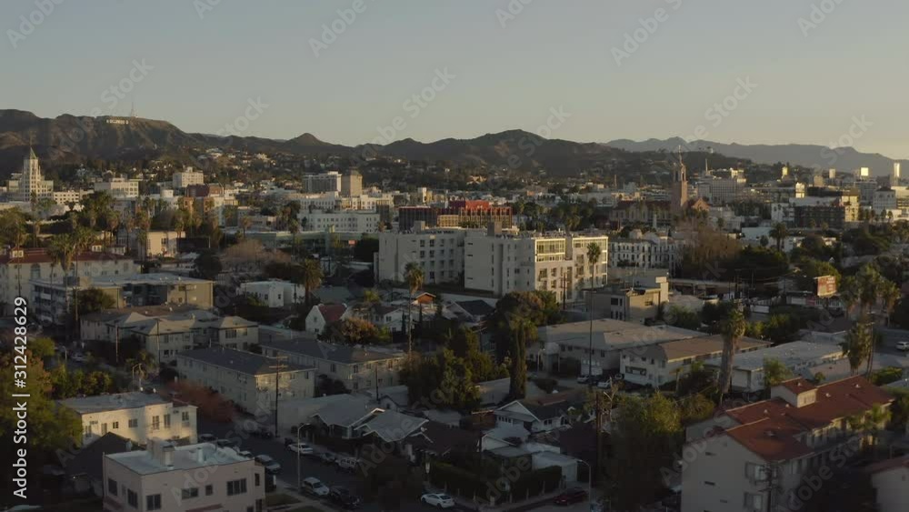 Aerial shot of Hollywood in California at sunrise in the summer Aerial shot of Hollywood in California at sunrise in the summer