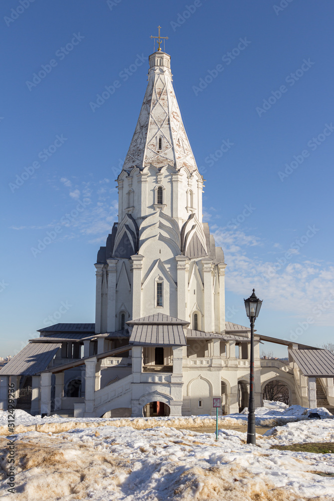 2019.02.19, Moscow, Russia. Voznesenskaya Church on background of blue sky, winter snowy landscape. World Heritage Sites in Russia. 2019.02.19, Moscow, Russia. Voznesenskaya Church on background of blue sky, winter snowy landscape. World Heritage Sites in Russia.
