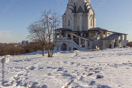 2019.02.19, Moscow, Russia. Voznesenskaya Church on background of blue sky, winter snowy landscape. World Heritage Sites in Russia.