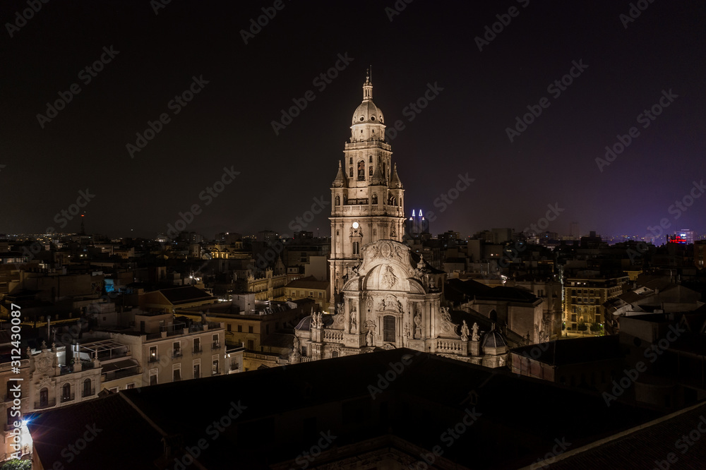 Aerial view of the night city of Murcia. Spain