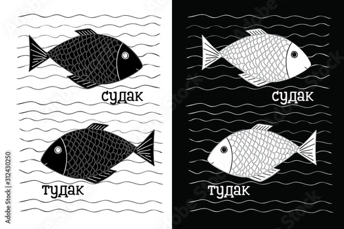 vector drawing of two fish with scales on a background of waves. vector inscription in Russian "pike perch". two variants of the picture - on a black and white background