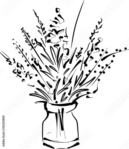 Vector ink line drawing illustration of a small vase with wild field flowers. black and white ink pen freehand drawing