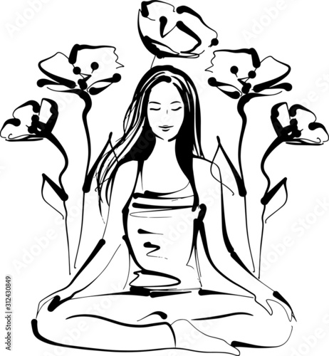 Vector ink line drawing illustration of young woman doing  yoga with flowers in the background. Black and white ink pen freehand drawing