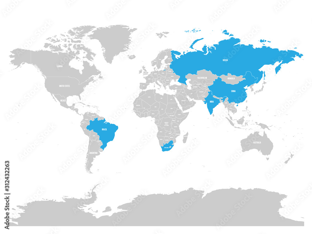Obraz premium World map with highlighted member countries of BRICS - association of five major emerging national economies - Brazil, Russia, India, China and South Africa