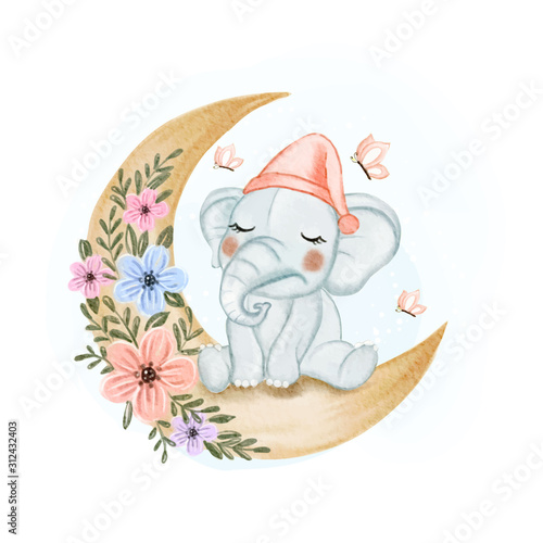 cute baby elephant sleepy on the moon flower watercolor illustration