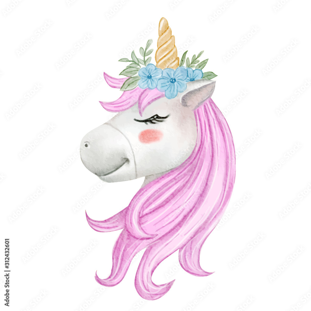 Plakat cute baby unicorn with flower crown watercolor illustration