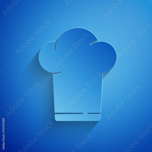Paper cut Chef hat icon isolated on blue background. Cooking symbol. Cooks hat. Paper art style. Vector Illustration