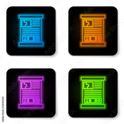 Glowing neon Game guide icon isolated on white background. User manual, instruction, guidebook, handbook. Black square button. Vector Illustration