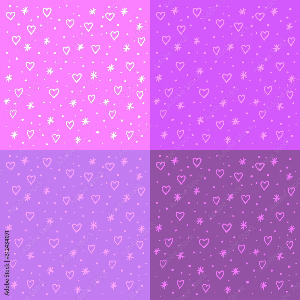 Background with hearts and snowflakes for Valentine's Day. Delicate pink background for cards, print, greetings. Hand drawing doodle vector. Stock illustration.