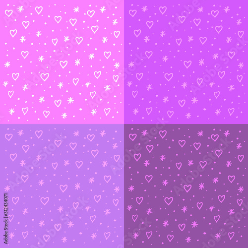 Background with hearts and snowflakes for Valentine's Day. Delicate pink background for cards, print, greetings. Hand drawing doodle vector. Stock illustration.