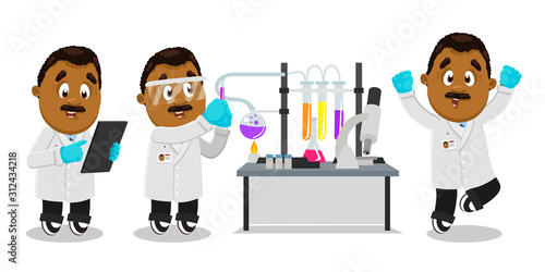 Different moments of working day of moustached afro-american man, scientist, researcher.
