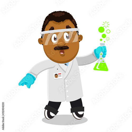 Moustached afro-american man, scientist, researcher in lab coat and gloves spending time at work.