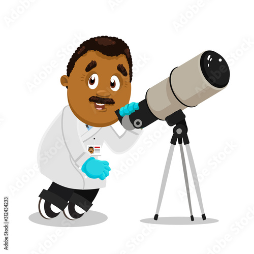 Moustached afro-american astronomer in lab coat looking to telescope. photo