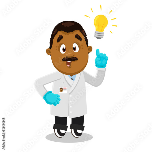 Afro-american man, scientist, researcher in lab coat and gloves showing eureka gesture.