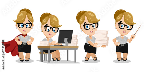 Vector set with blond pretty secretary in different situations.