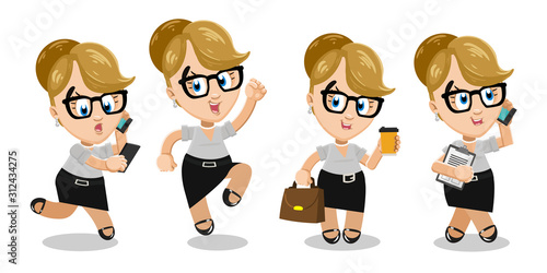 Different moments of blond secretary`s average day.