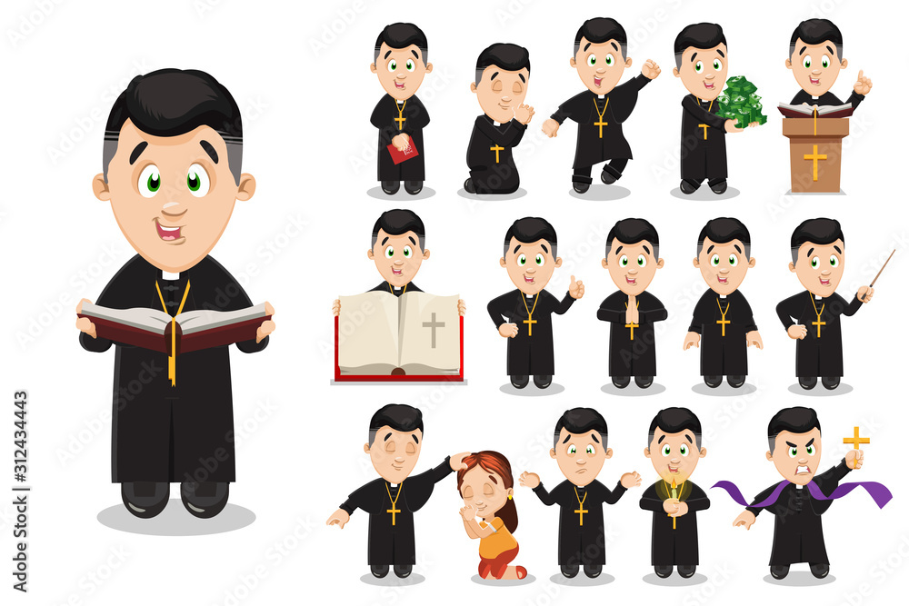 Big vector cartoon set with catholic priest in different situations. Big vector cartoon set with catholic priest in different situations.
