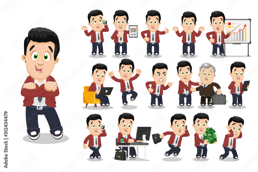 Big vector cartoon set with brunet young businessman in different situations. Big vector cartoon set with brunet young businessman in different situations.