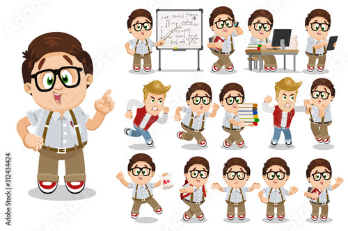 Big vector cartoon set with spectacled plump teen in different situations.