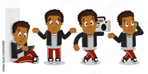 Curly afro-american guy, teen, student using devices, going, speaking, making helpless gesture.
