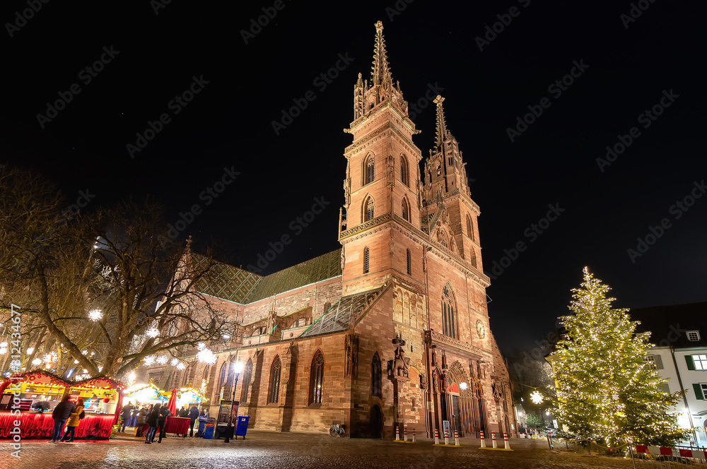 Exterior facade of Basel Cathedral at Christmas, Switzerland