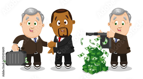 Vector cartoon set with rich silver haired plump aged businessman, СEO.