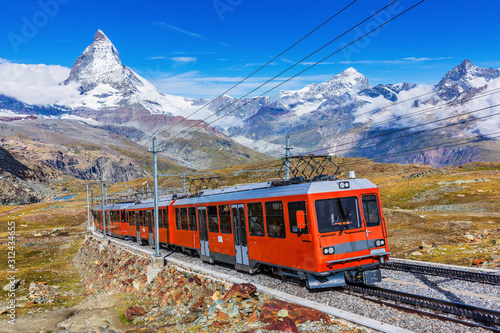 Zermatt, Switzerland. Gornergrat tourist train with Matterhorn peak.