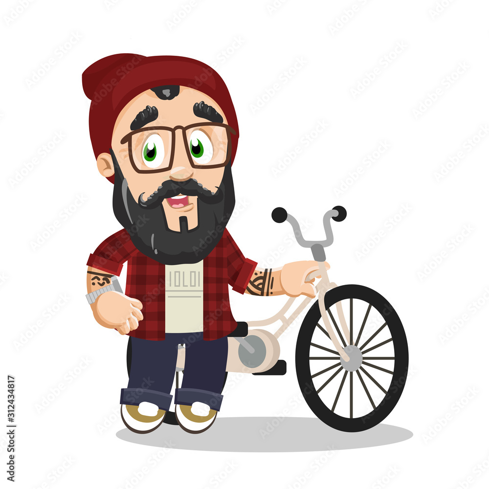Bearded hipster with tattoo, watch in red skully hat, checkered shirt, jeans standing near bicycle. Bearded hipster with tattoo, watch in red skully hat, checkered shirt, jeans standing near bicycle.