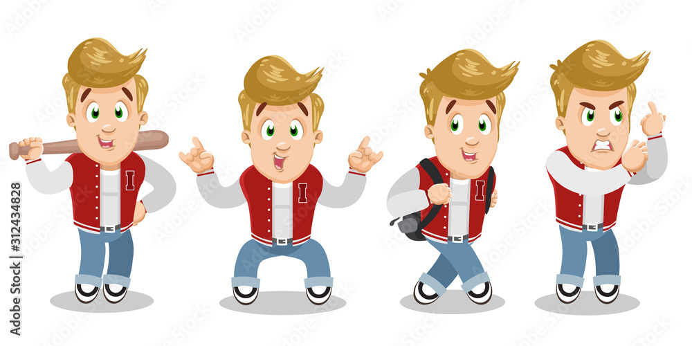 Obraz premium Vector set with blond sportive guy in red vest and jeans in different mood and poses.