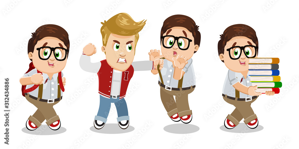 Fototapeta premium Vector set with brown haired plump schoolboy, teenager in different situations.