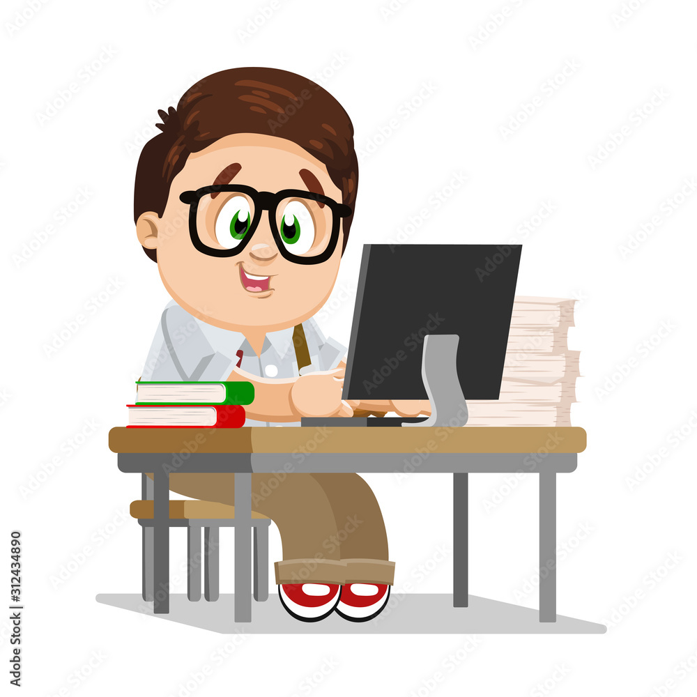 Brown haired plump schoolboy sitting at desk with books, papers before computer, preparing for exams. Brown haired plump schoolboy sitting at desk with books, papers before computer, preparing for exams.