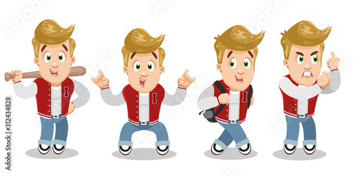 Vector set with blond sportive guy in red vest and jeans in different mood and poses.