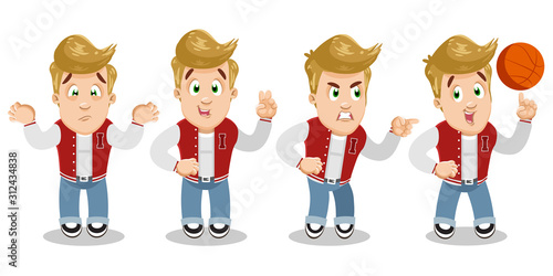 Confident blond teen, boy in different situations. Vector cartoon set.