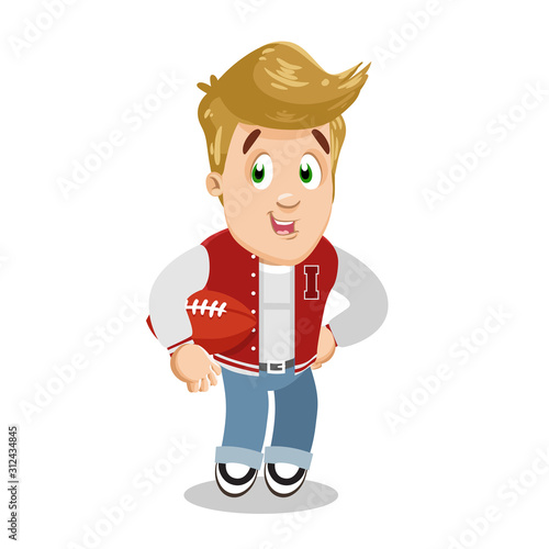 Strong sportive guy in red vest and jeans keeping ball. Blond rugby team captain standing.