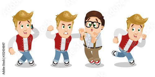 Typical day highlights of blond guy, caucasian student in red vest and jeans.