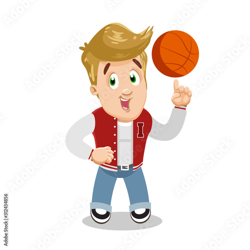 Caucasian sportive blond boy, student in red vest and blue jeans spinning a basketball on finger.