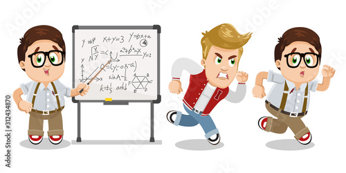 Brown haired clever teenager explaining maths, sprint away from blond strong hector.