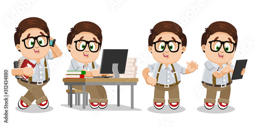 Typical day of clever and studious student in glasses, shirt and trousers.