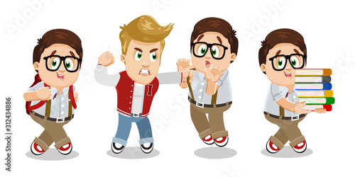 Vector set with brown haired plump schoolboy, teenager in different situations.