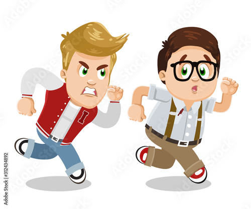 Aggressive blond teen running and catching plump brown haired schoolboy.