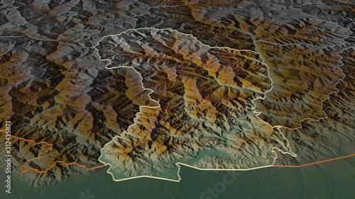 Dagana, district with its capital, zoomed and extruded on the relief map of Bhutan in the conformal Stereographic projection. Animation 3D photo