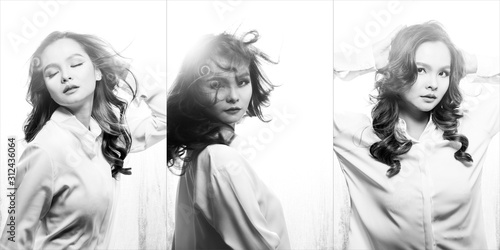 Three Collage Group Pack of Fashion Young Asian Woman black curl hair wear white shirt dress pose attractive glam look in many sensual style. High Key backlit exposure, copy space, monochrome