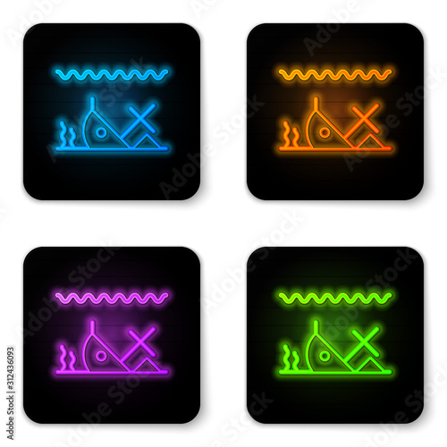 Glowing neon Sunken ship at the bottom of the sea icon isolated on white background. Black square button. Vector Illustration