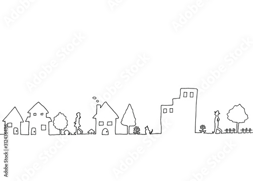 街並みと人々のかわいい手描き線画イラスト
