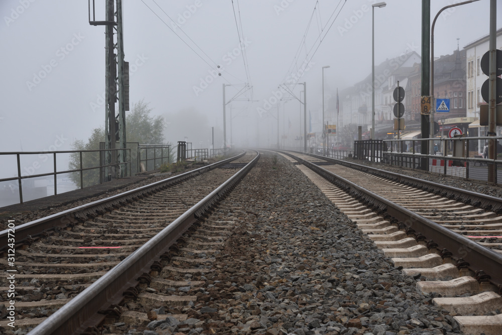 A foggy station of railroad