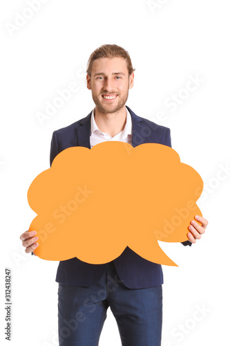 Young man with blank speech...