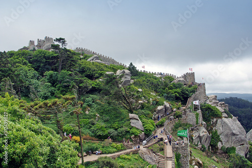 Aerial view on the hilltop medieval moorish castle (Castle of the Moors) in Sintra, Lisbon area, Portugal, Europe